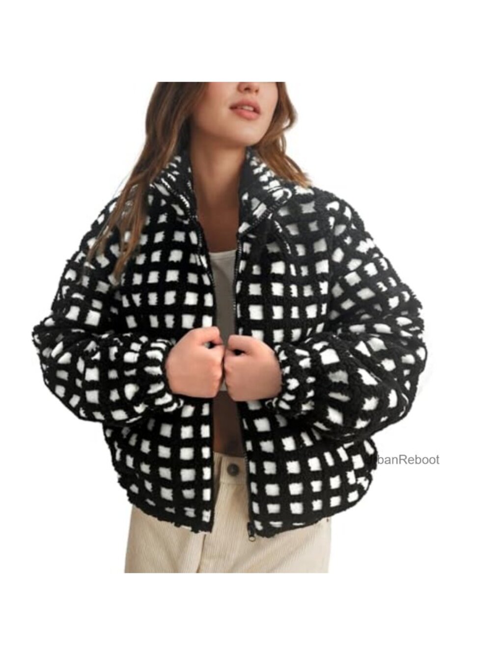 Cropped Checkered Sherpa Fleece Jacket Zip Up Gingham Plaid Coat Pockets